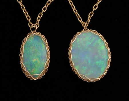 Australian Opal Pendants, 5x16 and 5x13 Turk's-head bezels, front.